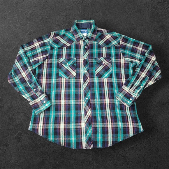 Vintage Wrangler Plaid Pearl Snap‎ Button Up Shirt Mens XL Teal Blue Heavy Thick - Picture 1 of 10